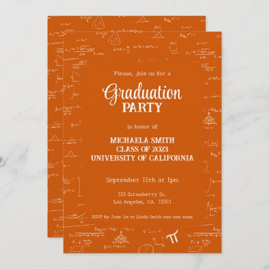 Invitation Elegant Orange Script Math Graduation (Devant / Derrière)