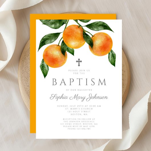 Invitation Élégant Oranges Baptême fille