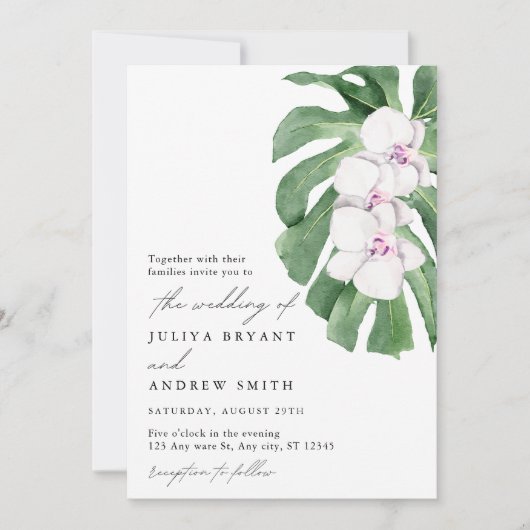 Invitation Elegant Orchid on Tropical leaf script wedding (Devant)