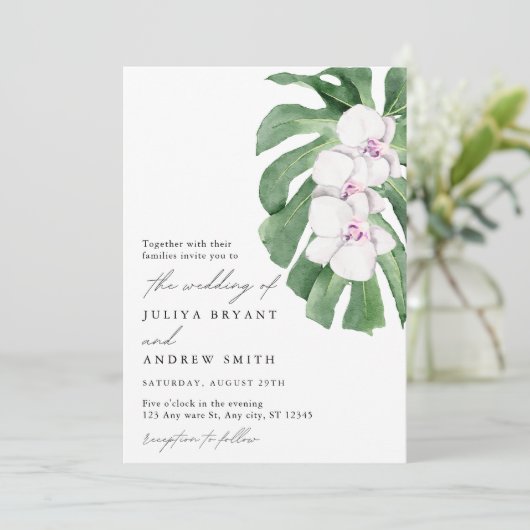 Invitation Elegant Orchid on Tropical leaf script wedding (Debout devant)