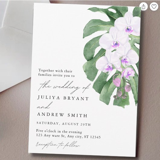 Invitation Elegant Orchid on Tropical leaf script wedding