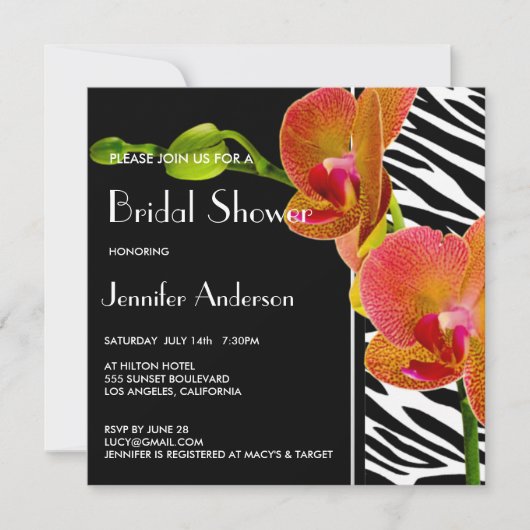 Invitation Elegant Orchids Zebra Imprimer Fête des mariées In (Devant)