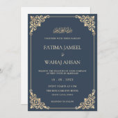 Invitation Elégant Ornate Bleu Script Mariage musulman (Devant / Derrière)