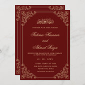 Invitation Élégant Ornate Bourgogne Gold Script Mariage musul (Devant / Derrière)