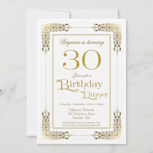 Invitation Elégant Ornate Gold Lace 30e Anniversaire Dîner (Devant)