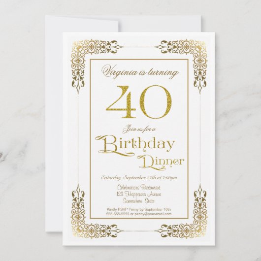 Invitation Elégant Ornate Gold Lace 40e Anniversaire Dîner (Devant)