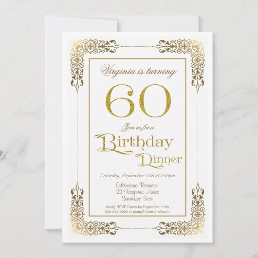 Invitation Elégant Ornate Gold Lace 60e Anniversaire Dîner (Devant)
