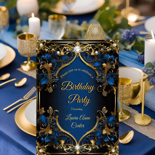 Invitation Élégant Orné Bleu Royal Or Perle d'anniversaire