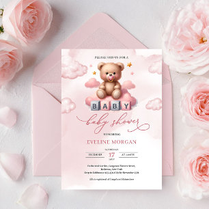 Invitation Élégant ours en peluche rose aquarelle avec tétine