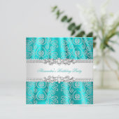 Invitation Élégant Overlay de Dentelle Argentée Turquoise pou (Debout devant)