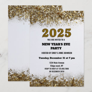 Invitation Élégant Pailleté Or Nouvel An blanc 2025