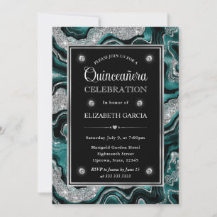 Invitation Elégant Paillettes de Teal et d'Argent Quinceanera