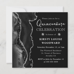 Invitation Élégant Paillettes Noir et Argent Agate Quinceaner