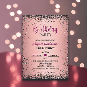 Invitation Elégant Paillettes Noires Métallisé Rose 45e Anniv