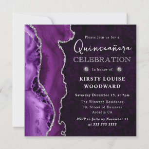Invitation Élégant Paillettes Violet et Argent Agate Quincean