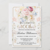 Invitation Elegant Painted Blush Rose Floral 100th Birthday  (Devant)