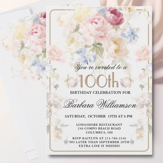 Invitation Elegant Painted Blush Rose Floral 100th Birthday 