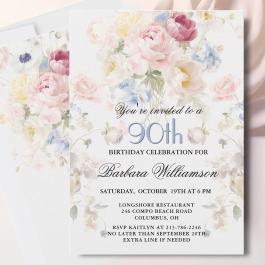 Invitation Elegant Painted Blush Rose Floral 90th Birthday