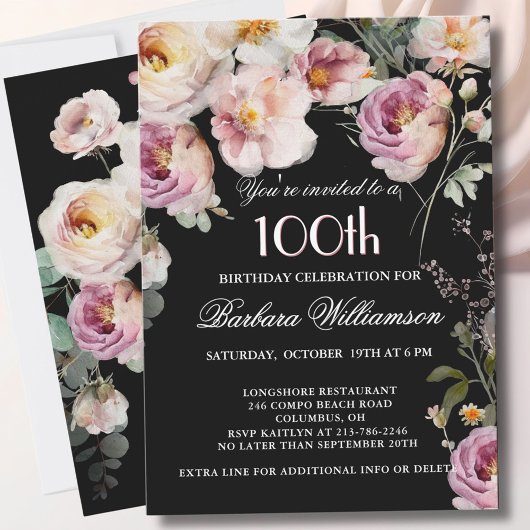 Invitation Elegant Painted Floral 100th Birthday Party