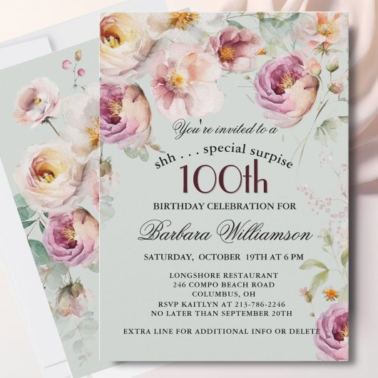 Invitation Elegant Painted Floral Surprise 100th Birthday