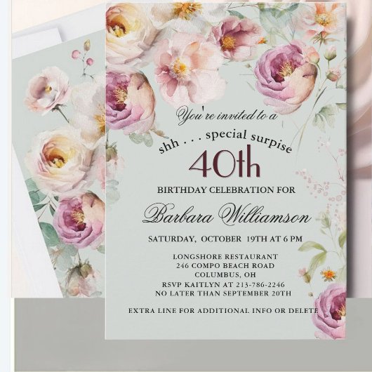 Invitation Elegant Painted Floral Surprise 40th Birthday