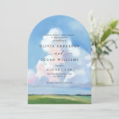 Invitation Elegant Painted Landscape Blue Sky Clouds Wedding (Debout devant)