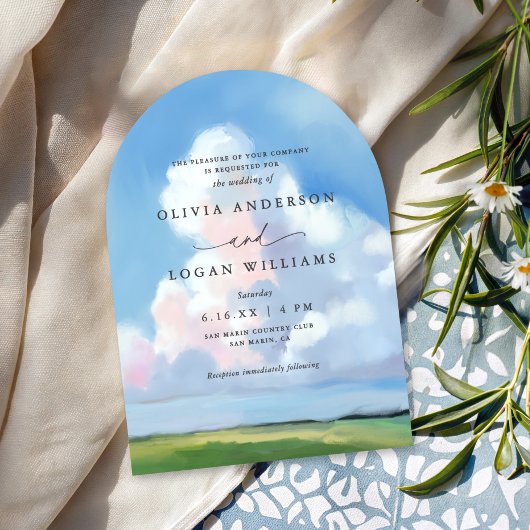 Invitation Elegant Painted Landscape Blue Sky Clouds Wedding