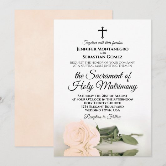 Invitation Élégant Pale Peach Rose Mariage catholique moderne (Devant / Derrière)