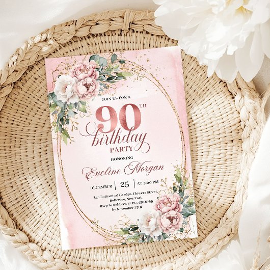 Invitation Elegant Pale Pink Gold Eucalyptus 90th Birthday 