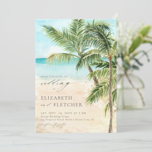Invitation Elégant Palm Tree Plage Tropical Mariage (Debout devant)