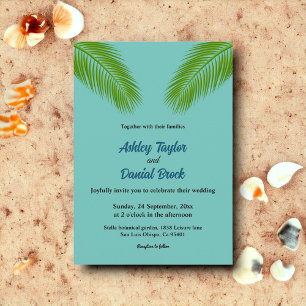 Invitation Elégant Palm Tropical Blue Coastal Beach Mariage