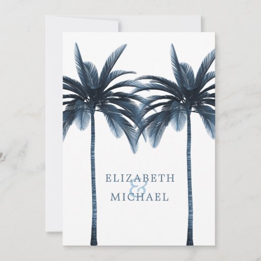 Invitation Élégant Palme Bleu Moderne Mariage (Devant)