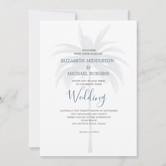Invitation Élégant Palme Bleu Moderne Mariage (Dos)