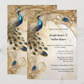 Invitation Elégant paon et plumes vintage élégant chic (Devant / Derrière)