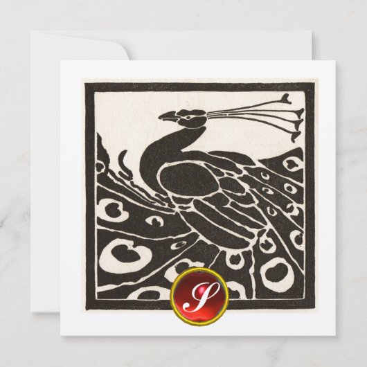 INVITATION ÉLÉGANT PAON NOIR ARGENTÉ, MONOGRAMME DE RUBIS ROU (Devant)