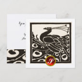 INVITATION ÉLÉGANT PAON NOIR ARGENTÉ, MONOGRAMME DE RUBIS ROU (Devant / Derrière)