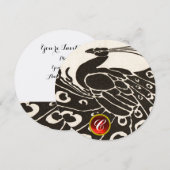 INVITATION ÉLÉGANT PAON NOIR BLANC, MONOGRAMME DE GEMME RUBIS (Devant / Derrière)