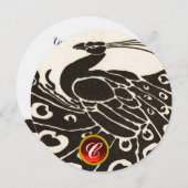 INVITATION ÉLÉGANT PAON NOIR BLANC, MONOGRAMME GEMME RUBIS RO (Devant / Derrière)