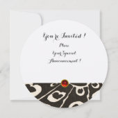 INVITATION ÉLÉGANT PAON NOIR ET BLANC, MONOGRAMME RUBIS ROUGE (Dos)