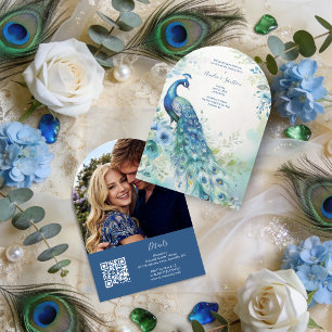 Invitation Élégant Paon Photo Arche Mariage QR TLW26