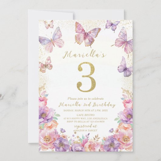 Invitation Élégant Papillon de 3 ans de naissance Fille à l'a (Devant)