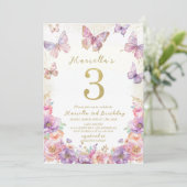 Invitation Élégant Papillon de 3 ans de naissance Fille à l'a (Debout devant)