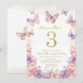 Invitation Élégant Papillon de 3 ans de naissance Fille à l'a (Devant / Derrière)