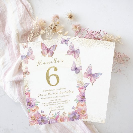 Invitation Élégant Papillon de Fête d'anniversaire de 6 ans F