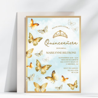 Invitation Elégant Papillon Doré Quinceañera Bleu