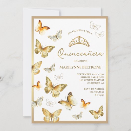Invitation Élégant papillon en or Quinceañera (Devant)