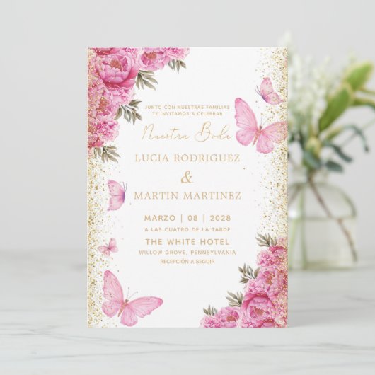 Invitation Elégant papillon et floral Nuestra Boda (Debout devant)