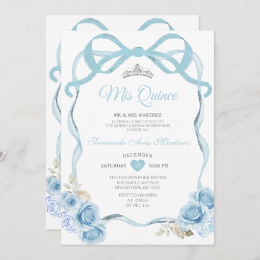 Invitation Elégant Papillon floral bleu Dusty Mis Quince (Devant / Derrière)