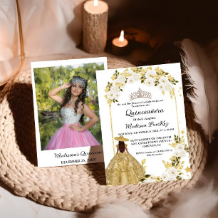 Invitation Élégant Papillon Floral Or Quinceanera