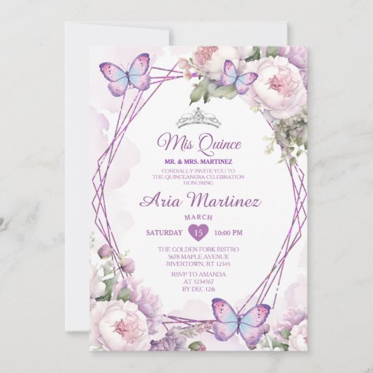 Invitation Elégant Papillon floral pourpre Dusty Mis Quince (Devant)